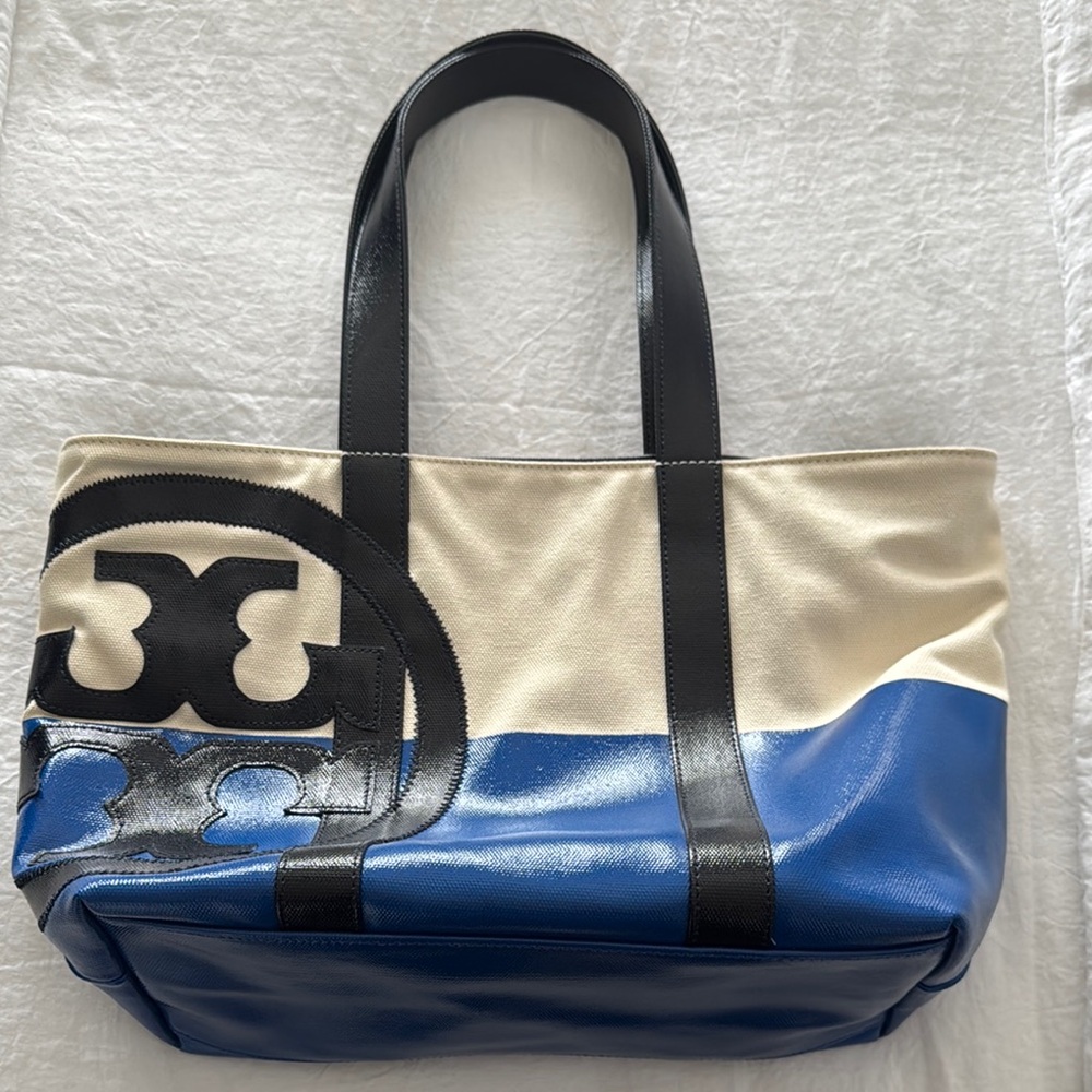 Tory Burch Blue and Cream Color-Blocked Tote